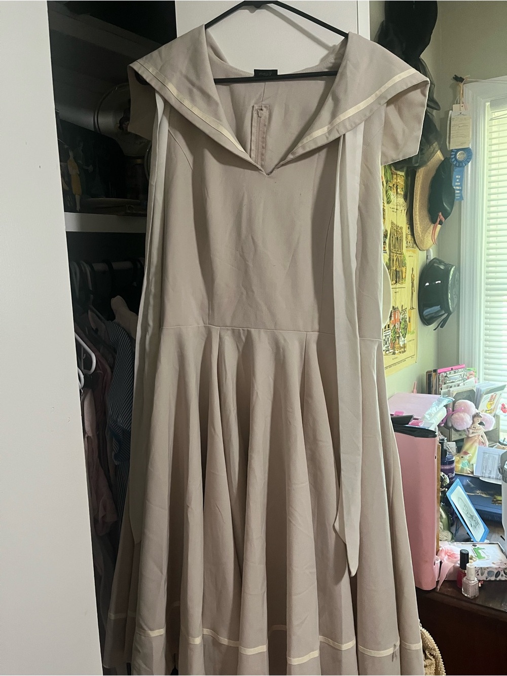 Collectif Sailor-Collar Midi Dress in Light Taupe - Picture 2 of 3